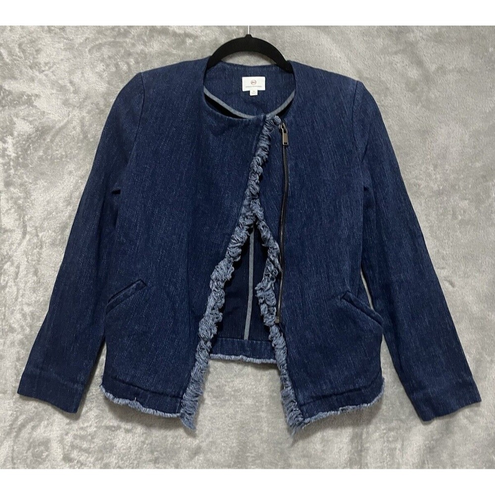 AG‎ Adriano Goldschmied Blue Denim Fringe Asymmetrical Zip Jacket XS